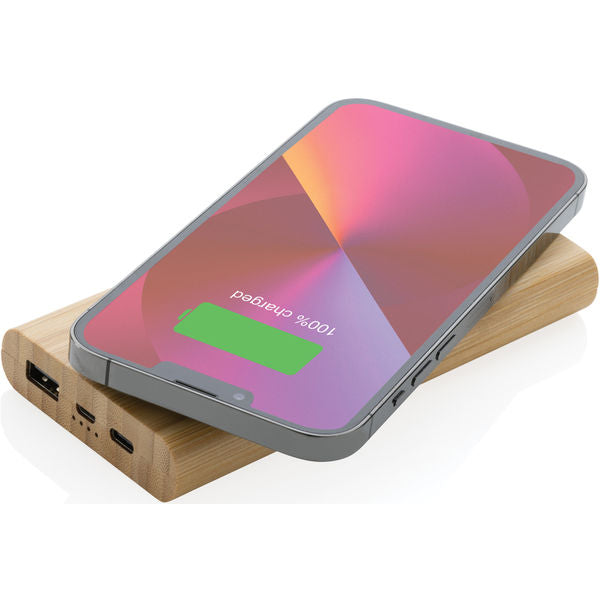 Eco-Friendly Bamboo Wireless Power Bank: 8000mAh Portable Charger, 5W Wireless