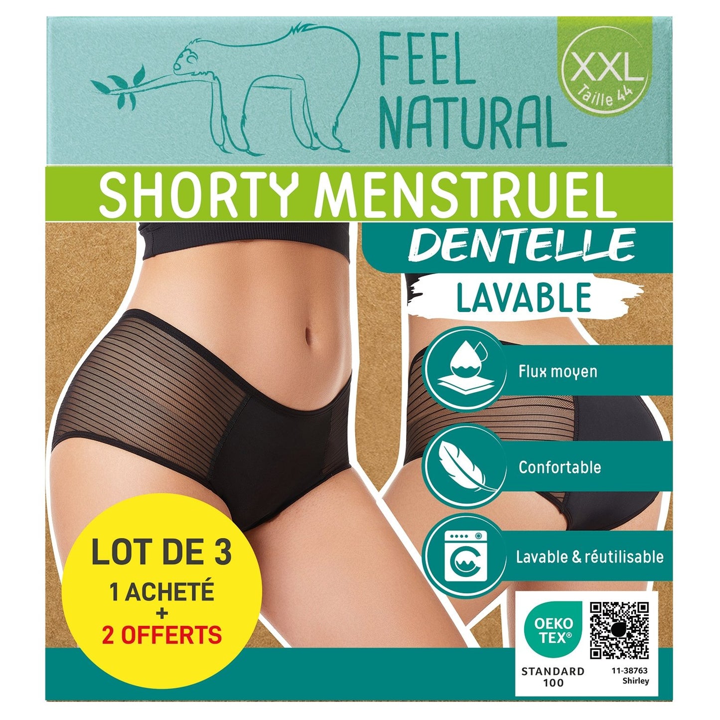 FEEL NATURAL XXL Reusable Menstrual Panties – Black 3‑Pack