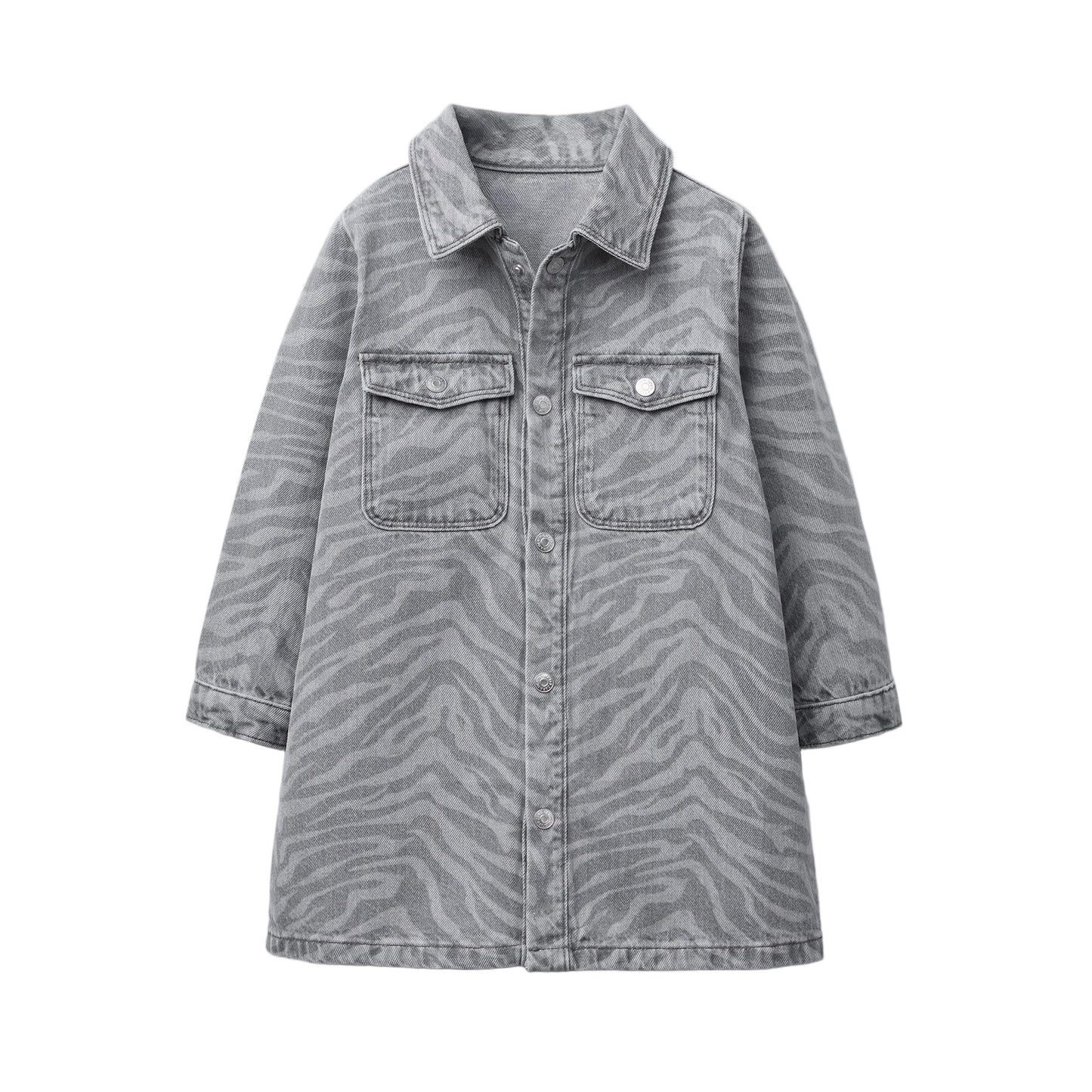 Stylish Kids' Zebra Print Denim Dress with Collar & Pockets for Girls