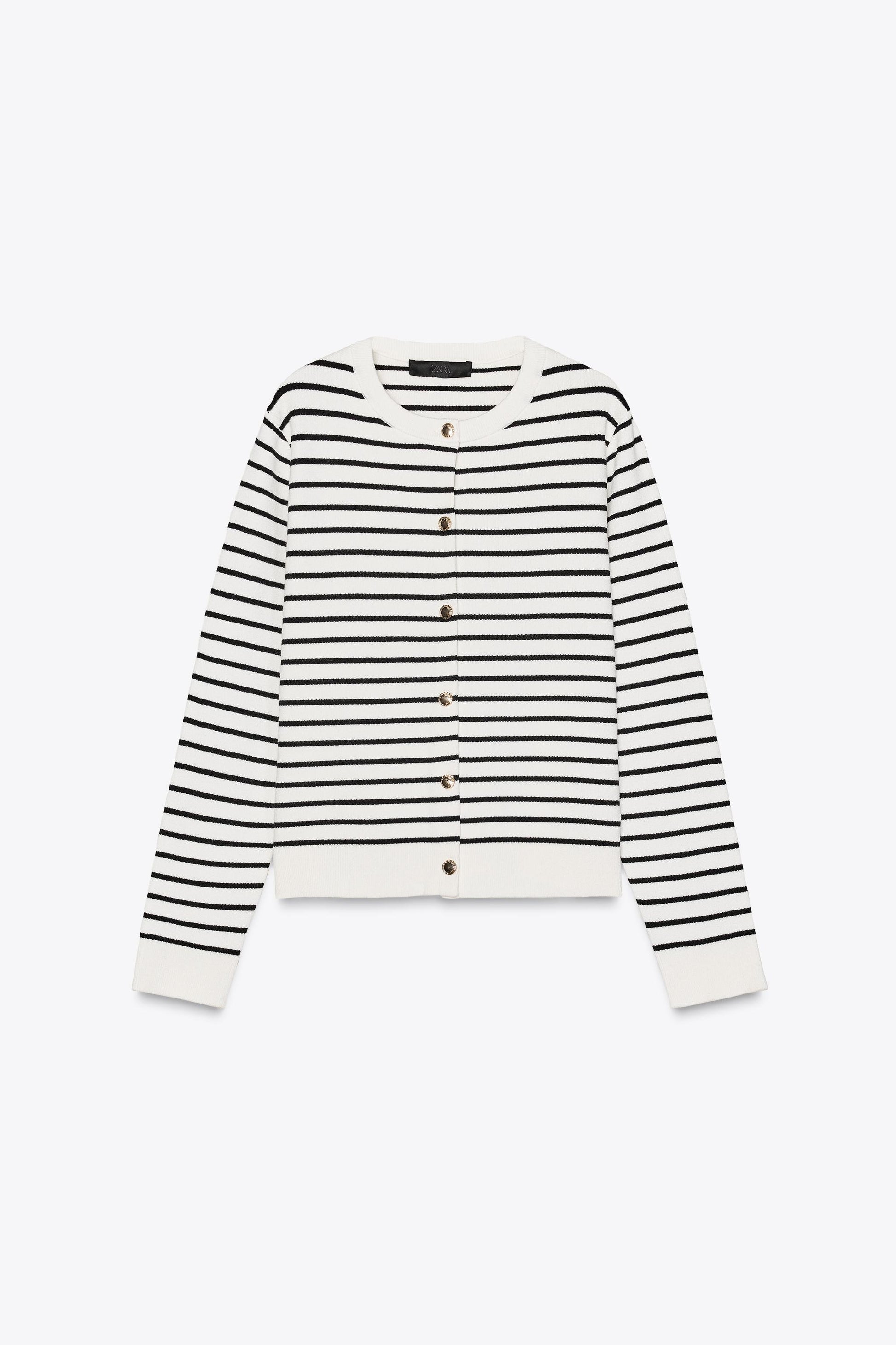 Elegant Striped Knit Cardigan for Women: Round Neck, Long Sleeves, Golden Buttons