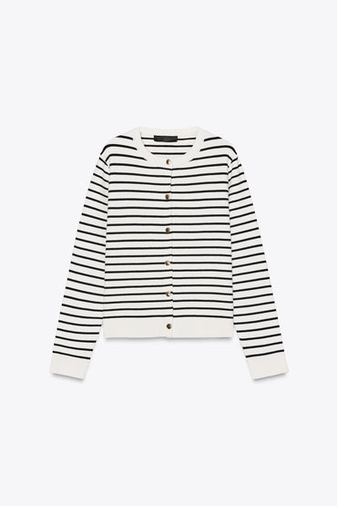 Elegant Striped Knit Cardigan for Women: Round Neck, Long Sleeves, Golden Buttons