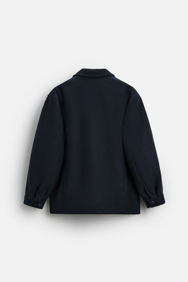 Marine Blue Short Wool-Blend Coat with Classic Lapel