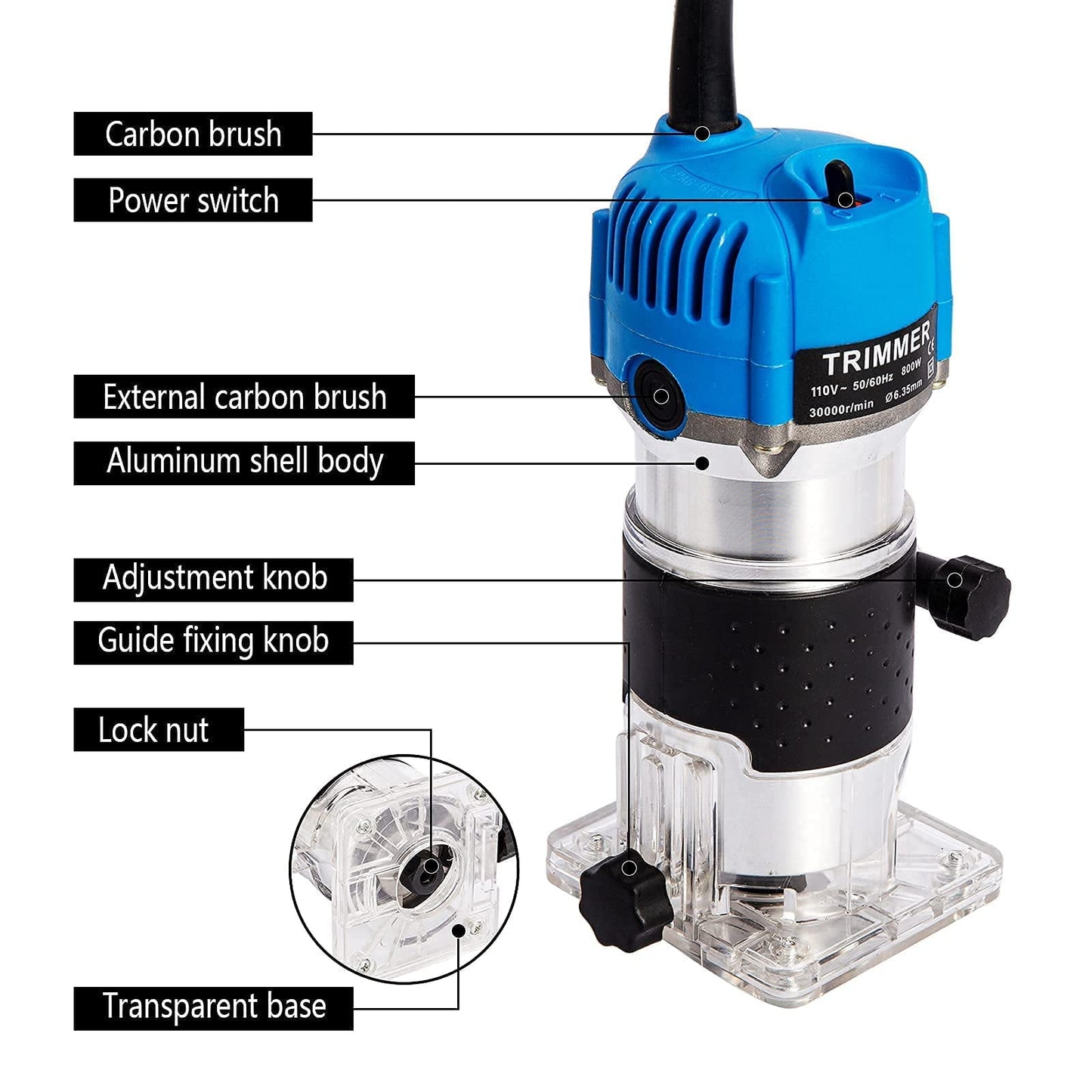 Faitaliicy Compact 800W Woodworking Trimmer Router Tool, 30000 RPM, 1/4-inch Collet
