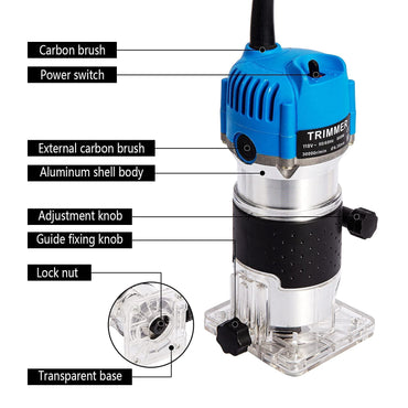 Faitaliicy Compact 800W Woodworking Trimmer Router Tool, 30000 RPM, 1/4-inch Collet