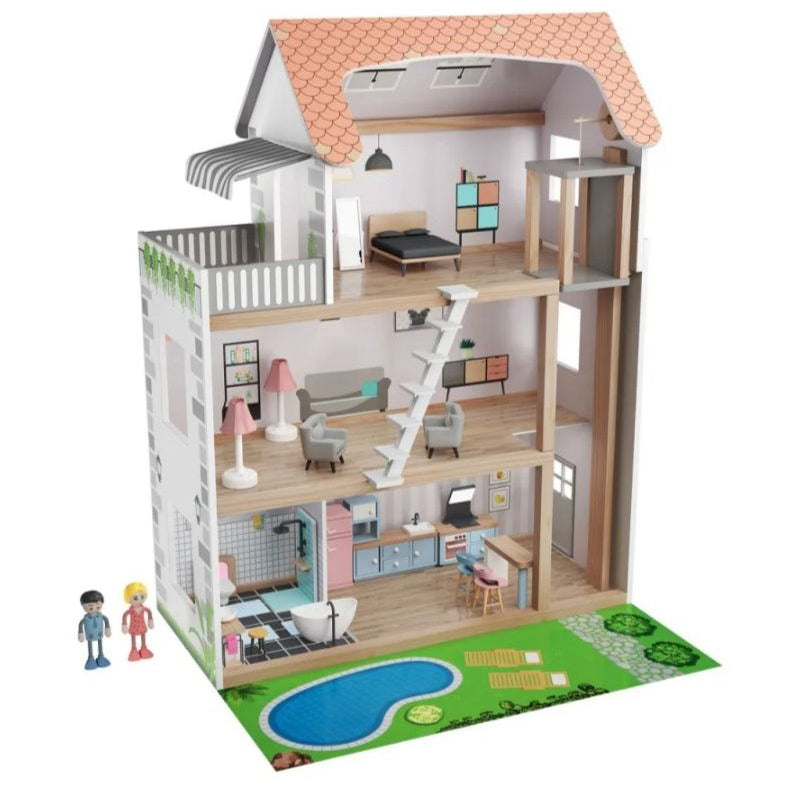 Playtive Large Wooden Dollhouse Set: Three-Story, 39 Pieces, Imaginative Play