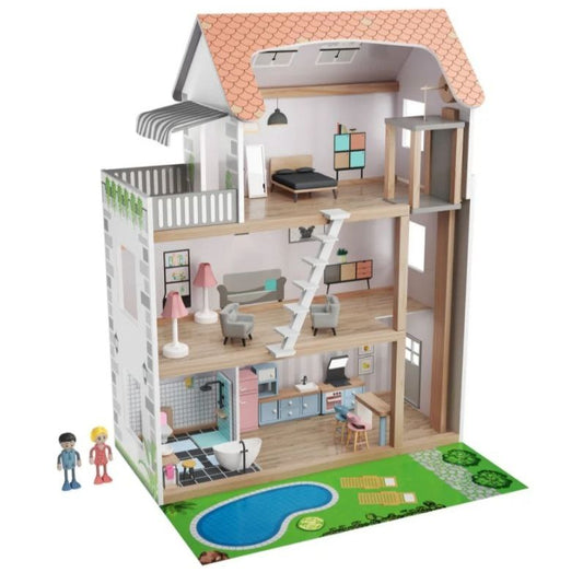 Playtive Large Wooden Dollhouse Set: Three-Story, 39 Pieces, Imaginative Play
