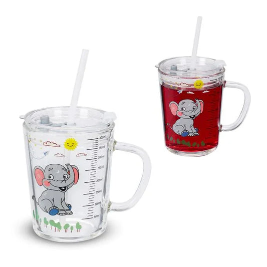 Set of 2 Elephant Kids Drinking Cups with Lids & Straws, 400ml Glass - Gomix Brands Outlet
