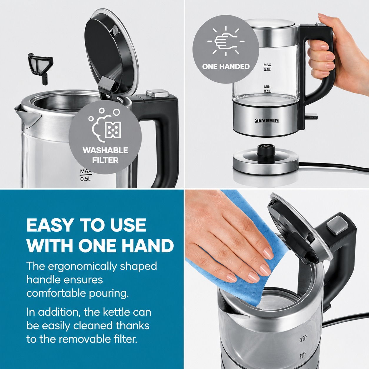 SEVERIN WK3472 Mini Glass Kettle 0.5 L Stainless-Steel