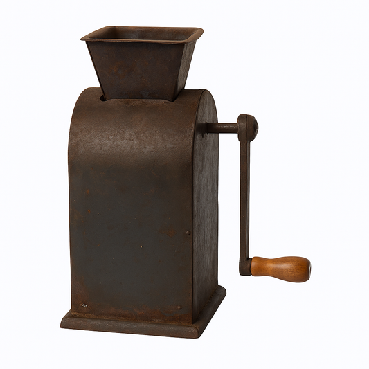 Vintage-style metal coffee grinder with wooden handle on a white background
