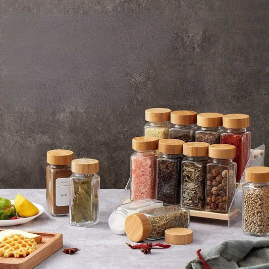 24-Piece Square Glass Spice Jar Set with Bamboo Lids