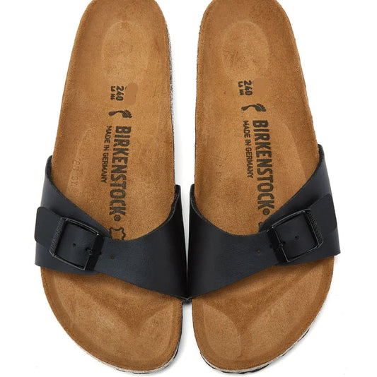 Birkenstock Madrid Black Suede Slip-On Sandals with Buckle Closure and Cork Footbed