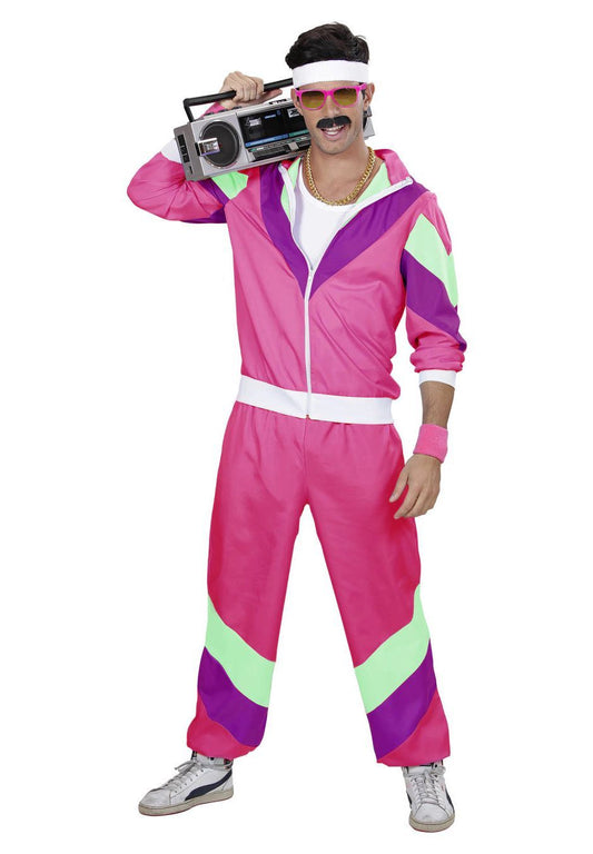 WIDMANN® Retro 80s Fitness Tracksuit Costume - Neon Pink Zip-Up Jacket & Pants