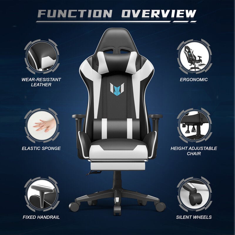 BIGZZIA Ergonomic Gaming Chair with Retractable Footrest, Lumbar Support, Reclining