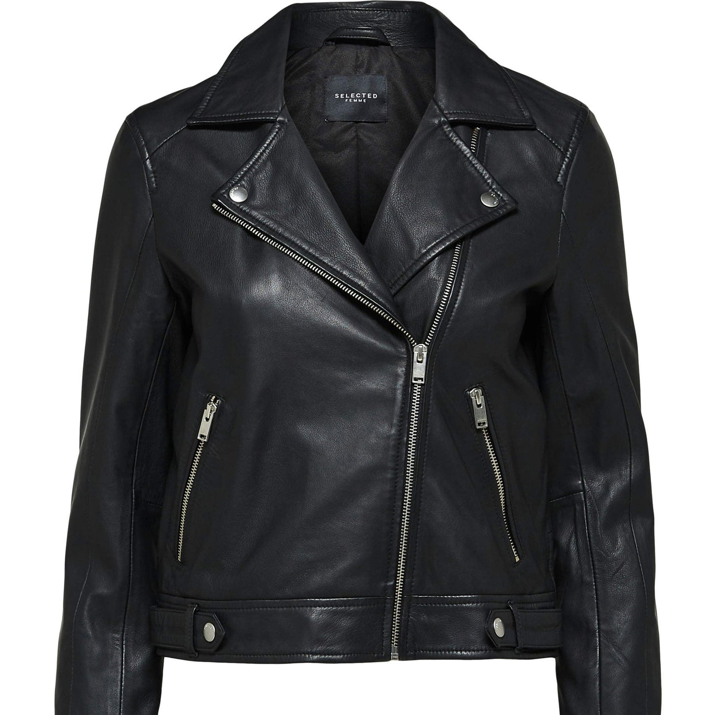 Classic Black Lamb Leather Cropped Motorcycle Jacket with Studs and Zippers