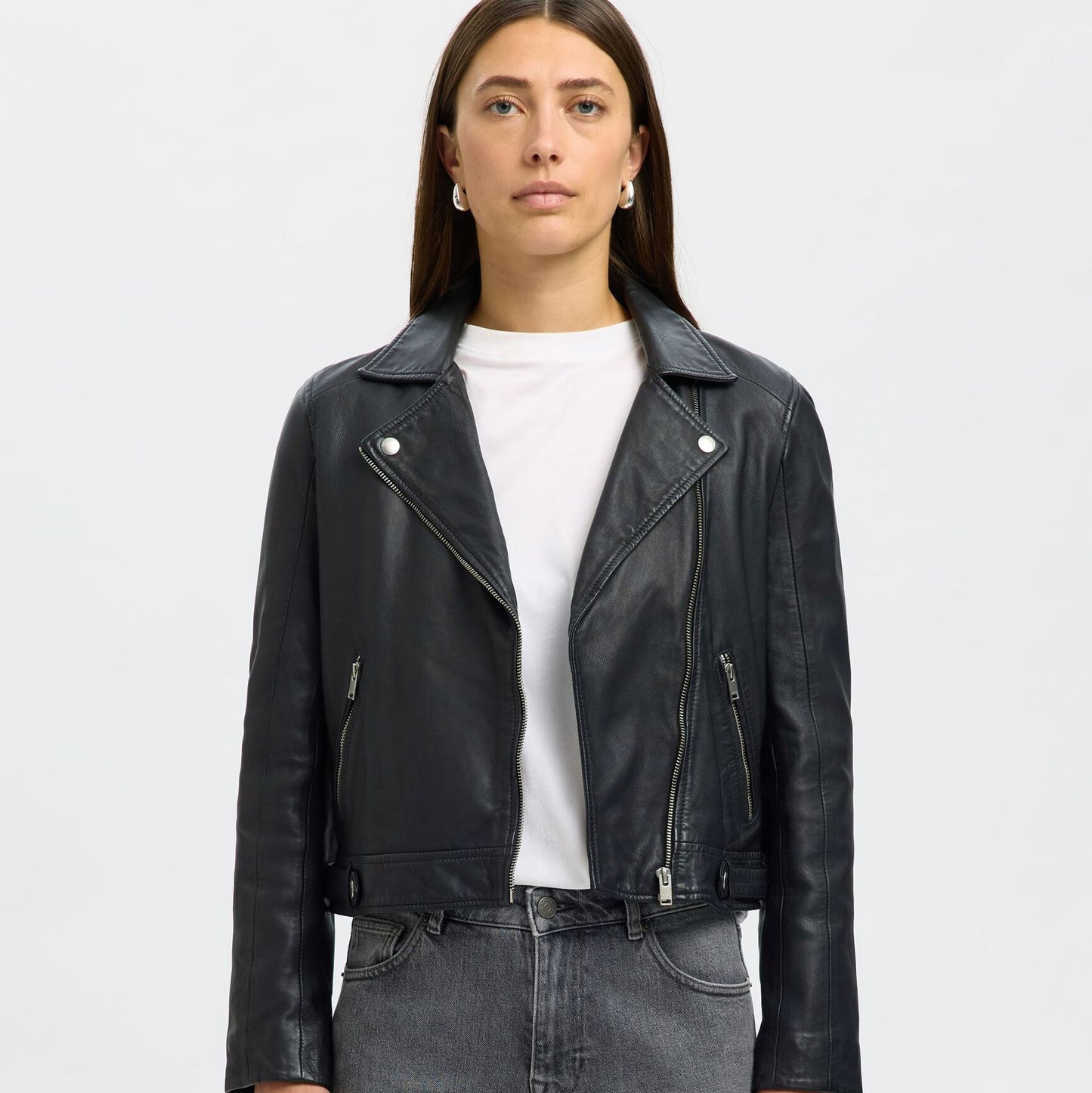 Classic Black Lamb Leather Cropped Motorcycle Jacket with Studs and Zippers