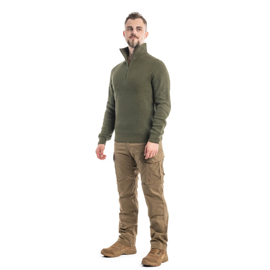 Brandit Olive Marine Troyer Knitted Pullover Sweater with High Zipper Collar