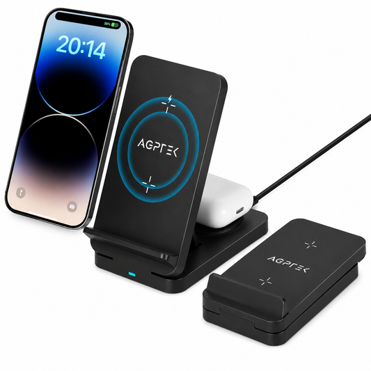 AGPTEK Wireless Charger, 3 in 1 Foldable Wireless Charging Station 15W