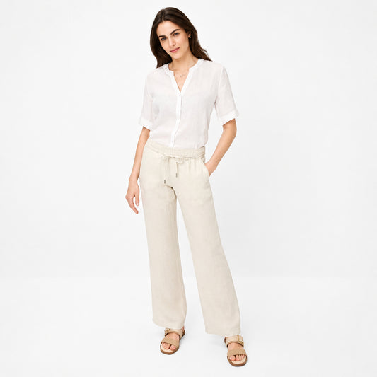 BRAX Farina Light Beige Linen Trousers - Elastic Waist, Straight Leg - Gomix Brands Outlet