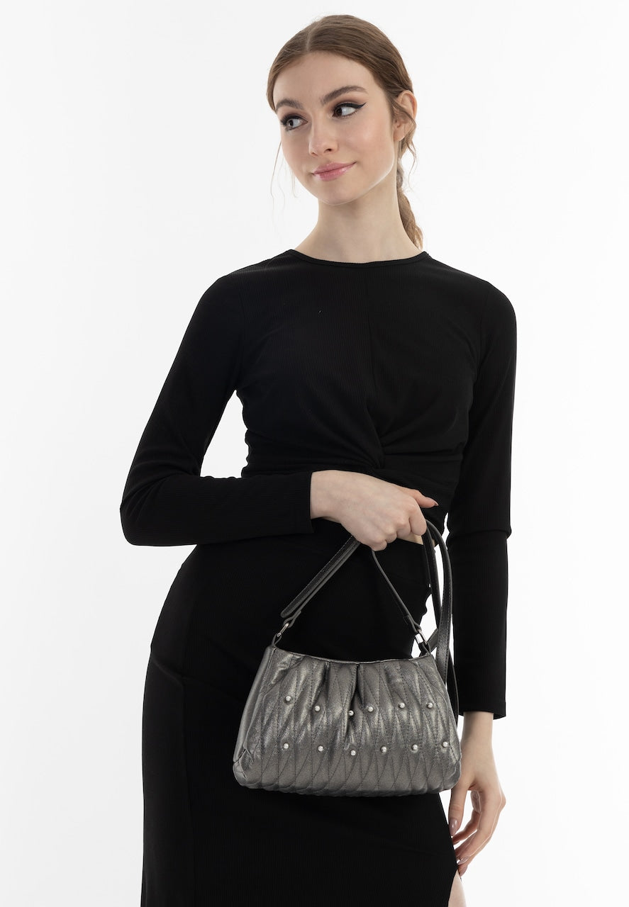 LYNNEA Evening Crossbody with Gold Pom Pom – Metallic Silver