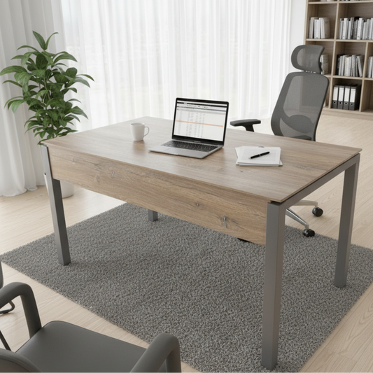 ElegantTable Modern Office Desk with Gray Legs and Oak Wood Finish