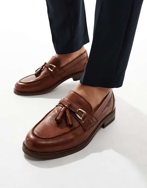 ASOS DESIGN Men's Premium Tan Leather Tassel Loafers - Classic Slip-On Style