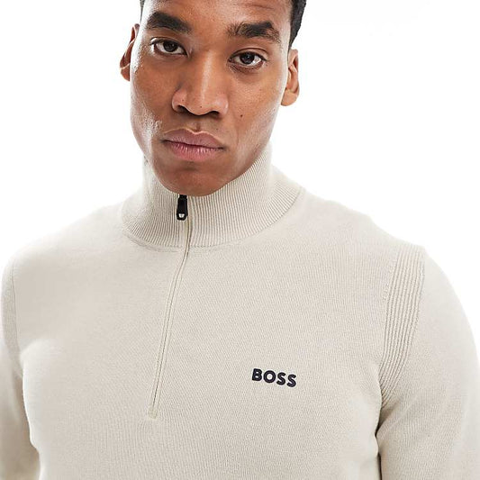 Men's BOSS Green Ever-X Half-Zip Knitted Jumper – Premium Beige Ribbed Sweater
