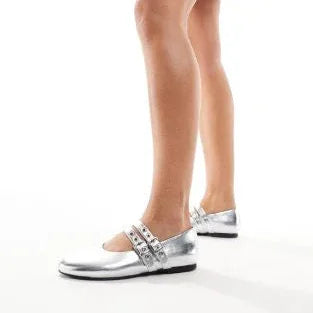 Schuh Livy Shiny Silver Metallic Faux-Leather Mary Jane Flat Shoes with Buckles6. - Gomix Brands Outlet