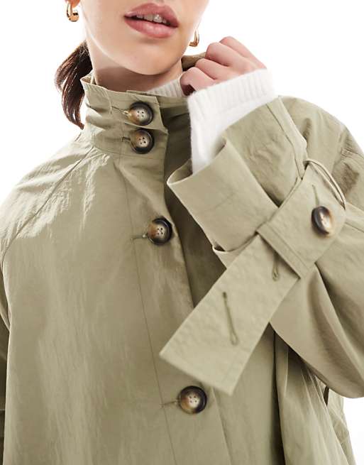 ASOS DESIGN Olive Funnel Neck Cape Back Cropped Trench Coat