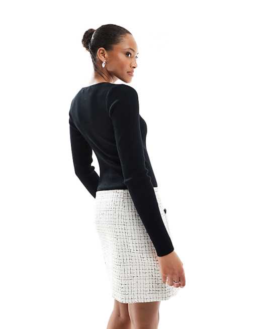 Morgan Women's Chic Long Sleeve Tweed Mini A-Line Dress with Contrast Pockets