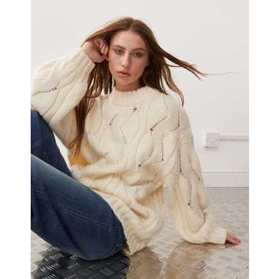 Monki Women's Oversized Cable Knit Sweater: Cozy Off-White Crew Neck Jumper