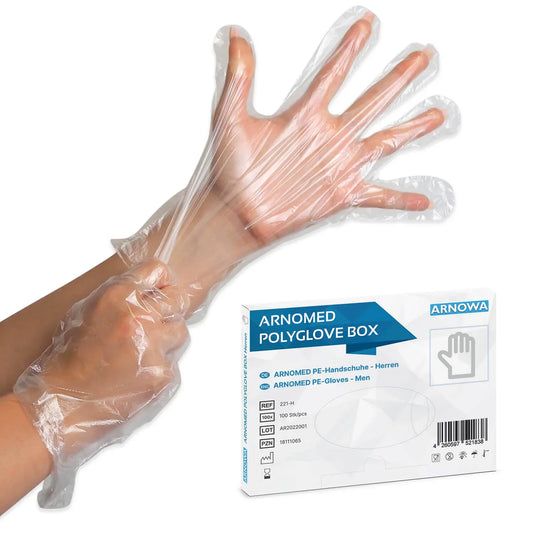 ARNOMED POLYGLOVE BOX Clear PE Disposable Gloves for Men, 100 Count - Gomix Brands Outlet