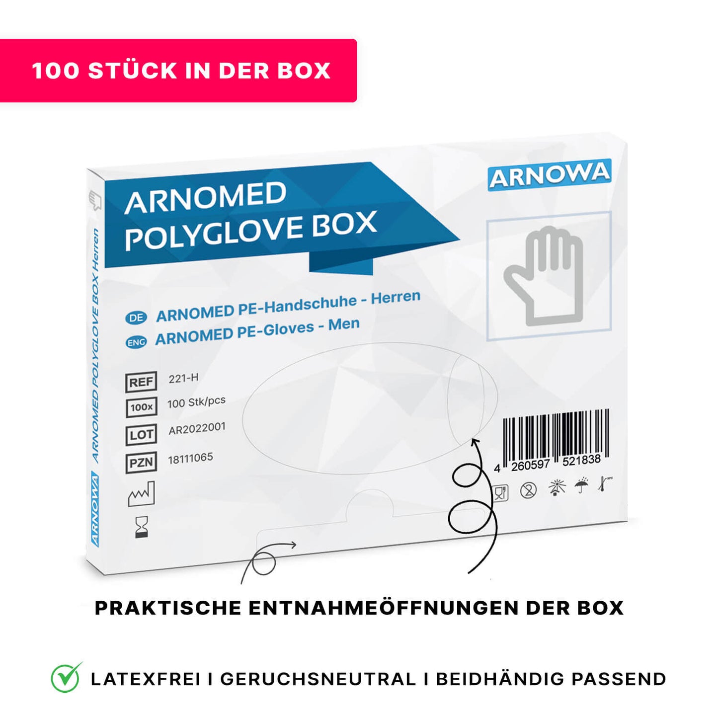 ARNOMED POLYGLOVE BOX Clear PE Disposable Gloves for Men, 100 Count
