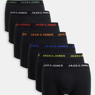 Jack & Jones Men's 7-Pack Cotton Stretch Trunks - Black with Colorful Waistbands
