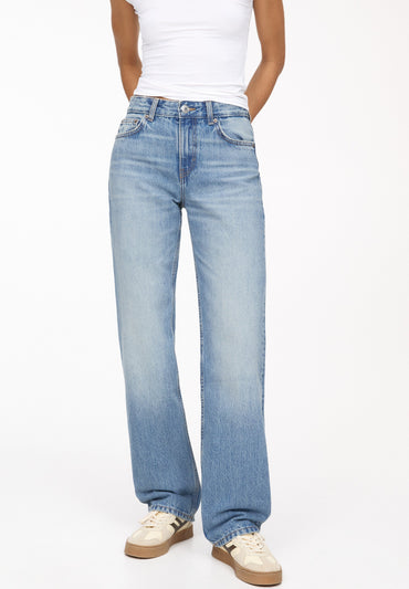 PULL&BEAR Women's Mid-Waist Straight Leg Jeans in Classic Blue Denim