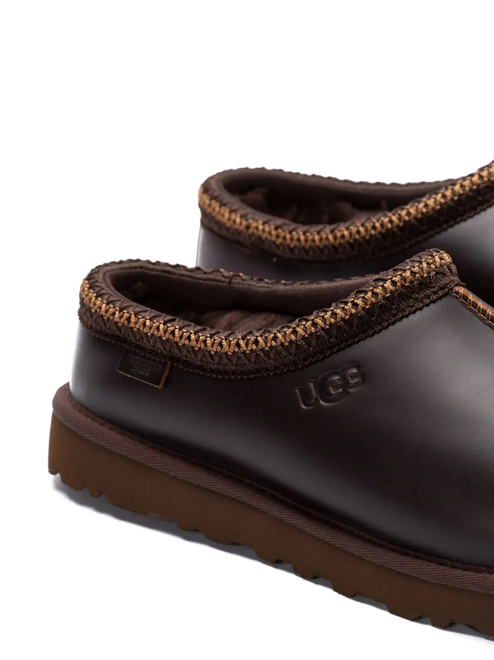 UGG Tazz Cedar Brown Leather Sheepskin Slip-On Slippers with Debossed Logo
