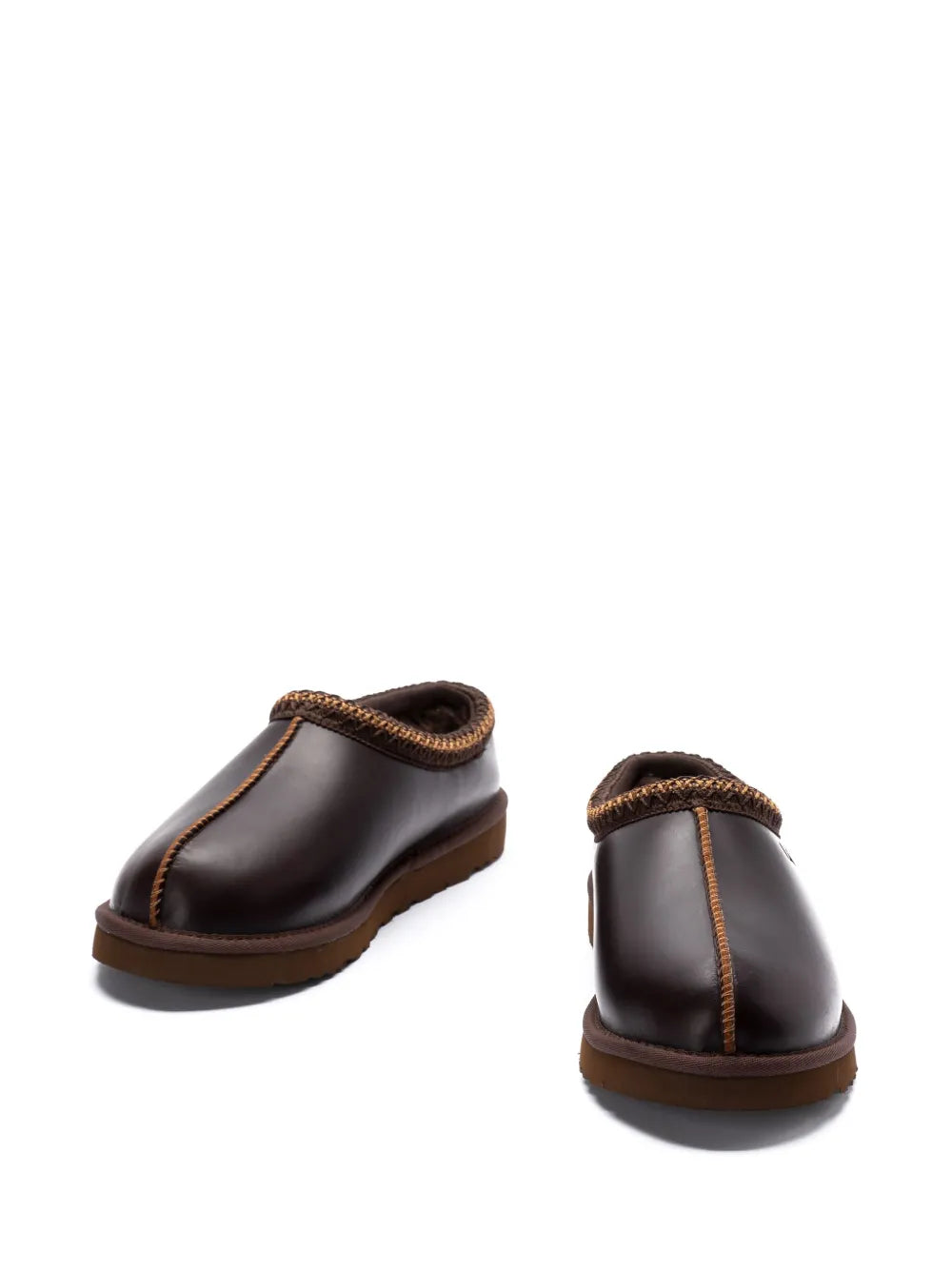 UGG Tazz Cedar Brown Leather Sheepskin Slip-On Slippers with Debossed Logo