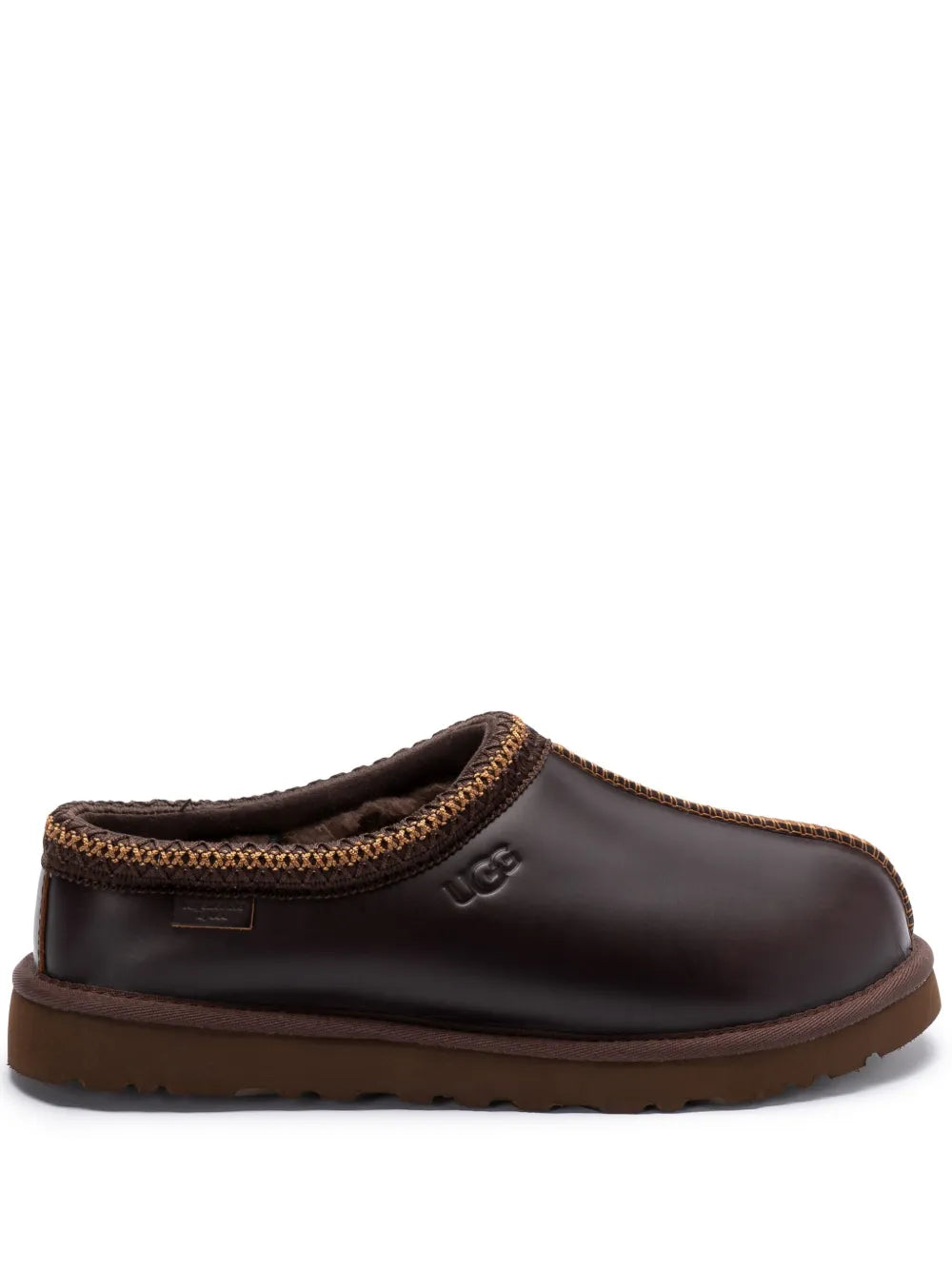 UGG Tazz Cedar Brown Leather Sheepskin Slip-On Slippers with Debossed Logo