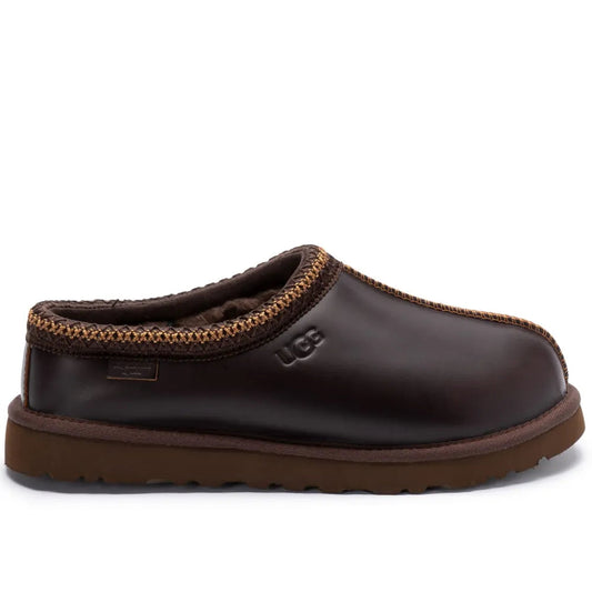 UGG Tazz Cedar Brown Leather Sheepskin Slip-On Slippers with Debossed Logo