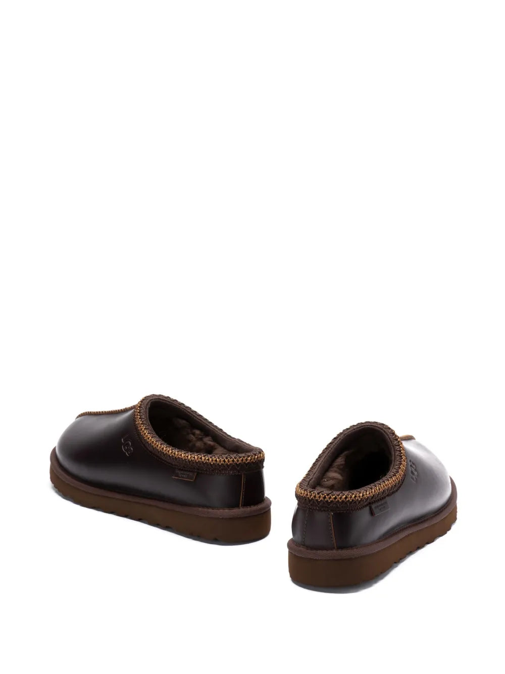 UGG Tazz Cedar Brown Leather Sheepskin Slip-On Slippers with Debossed Logo