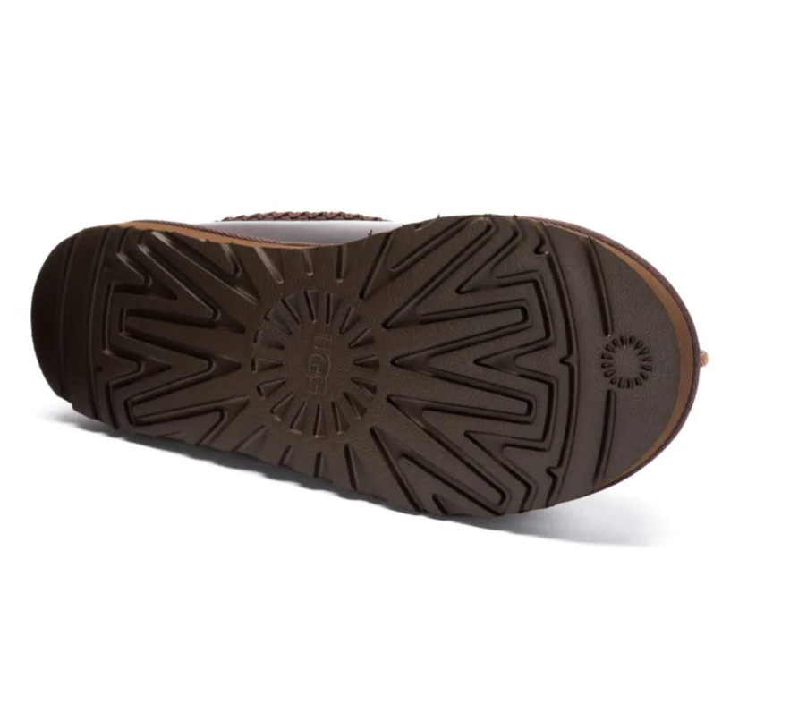 UGG Tazz Cedar Brown Leather Sheepskin Slip-On Slippers with Debossed Logo