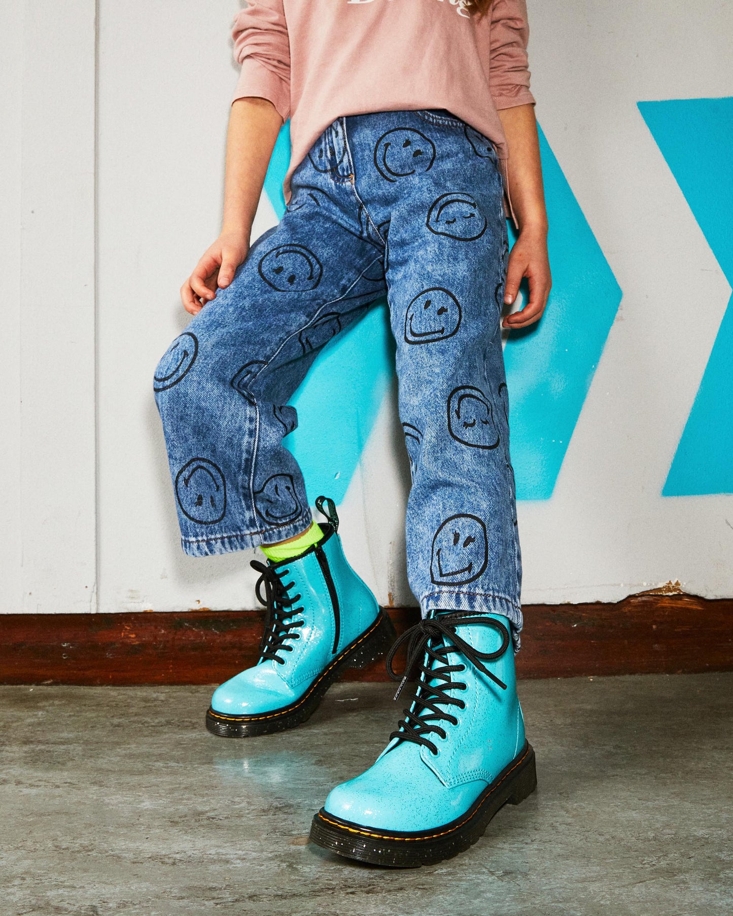 Dr. Martens Junior 1460 Turquoise Cosmic Glitter Lace-Up Boots with Zipper