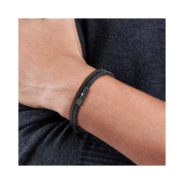 Tommy Hilfiger Men's Braided Black Leather Bracelet with Iconic Clasp
