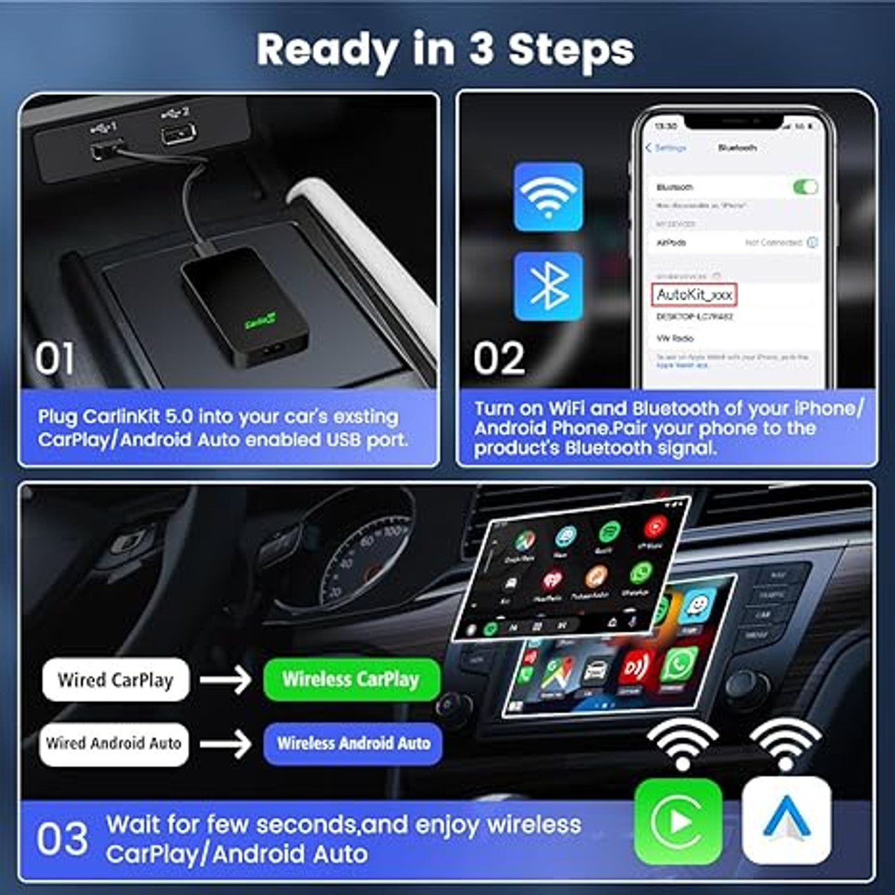 CarlinKit 5.0 Wireless CarPlay Android Auto Adapter for Cars Black