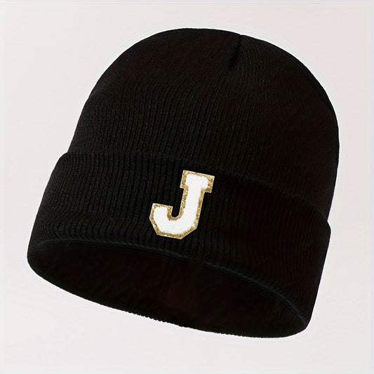 J Letter Black Winter Beanie Hat for Women & Teen Girls
