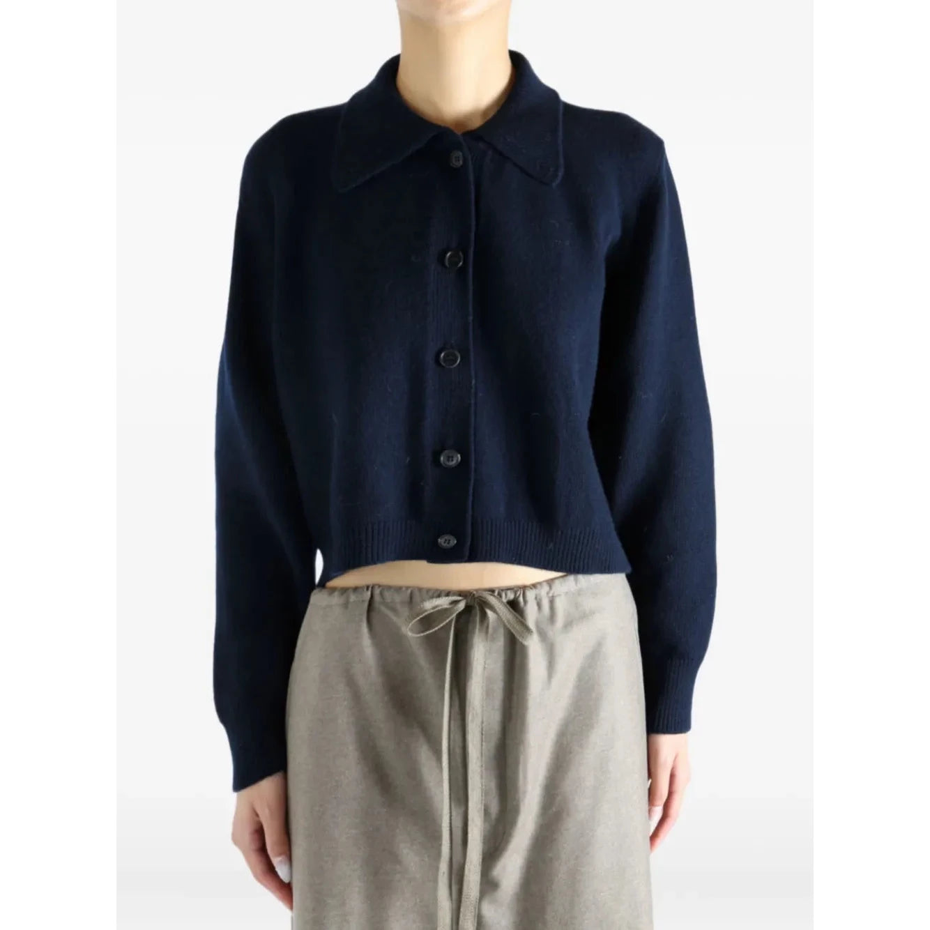 Margaret Howell Women's Navy Blue Merino Wool Collared Buttoned Cardigan