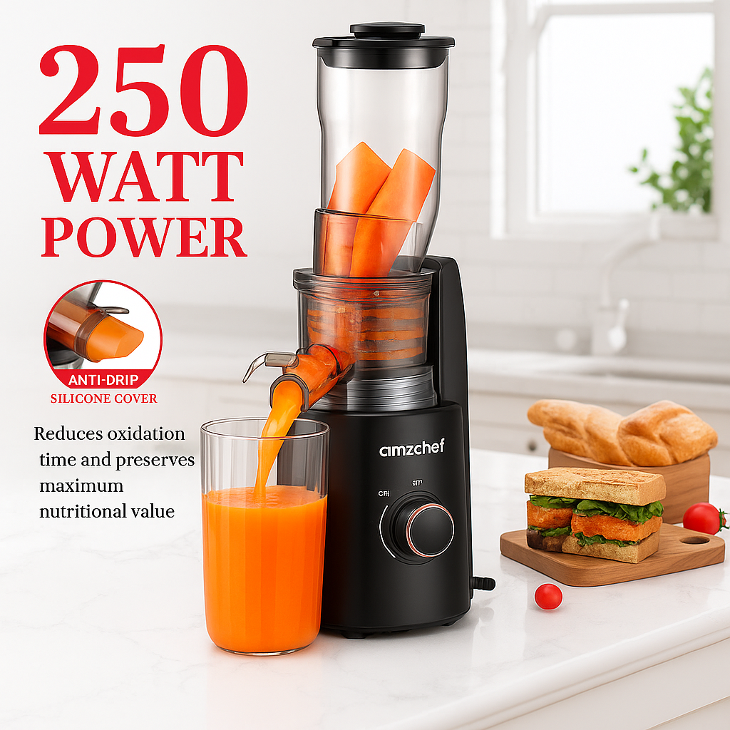 Amzchef MP-802C Slow Juicer: Quiet Masticating Cold Press, Optimal Nutrient Retention.
