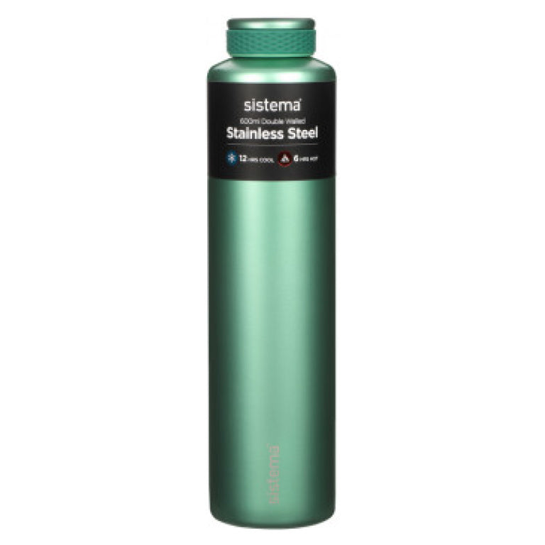 Green stainless steel water bottle with 'sistema' branding on a white background
