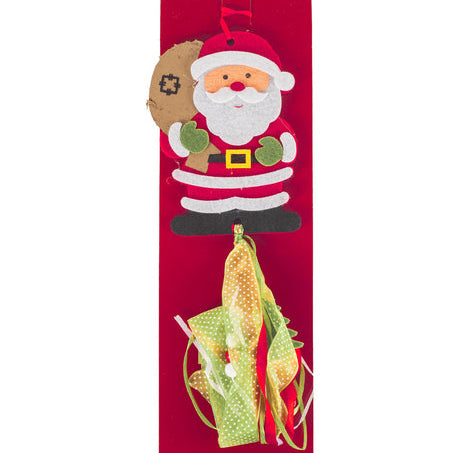 Decorative bottle cover with Santa Claus design on a red background