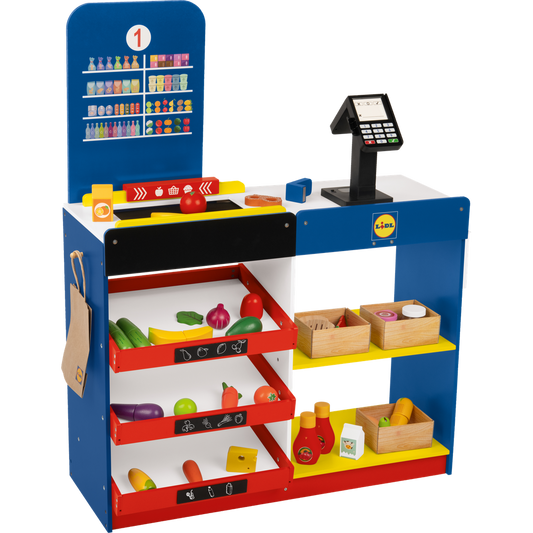 Playtive Deluxe Wooden Kids Supermarket Playset with Checkout, Groceries & Scanner