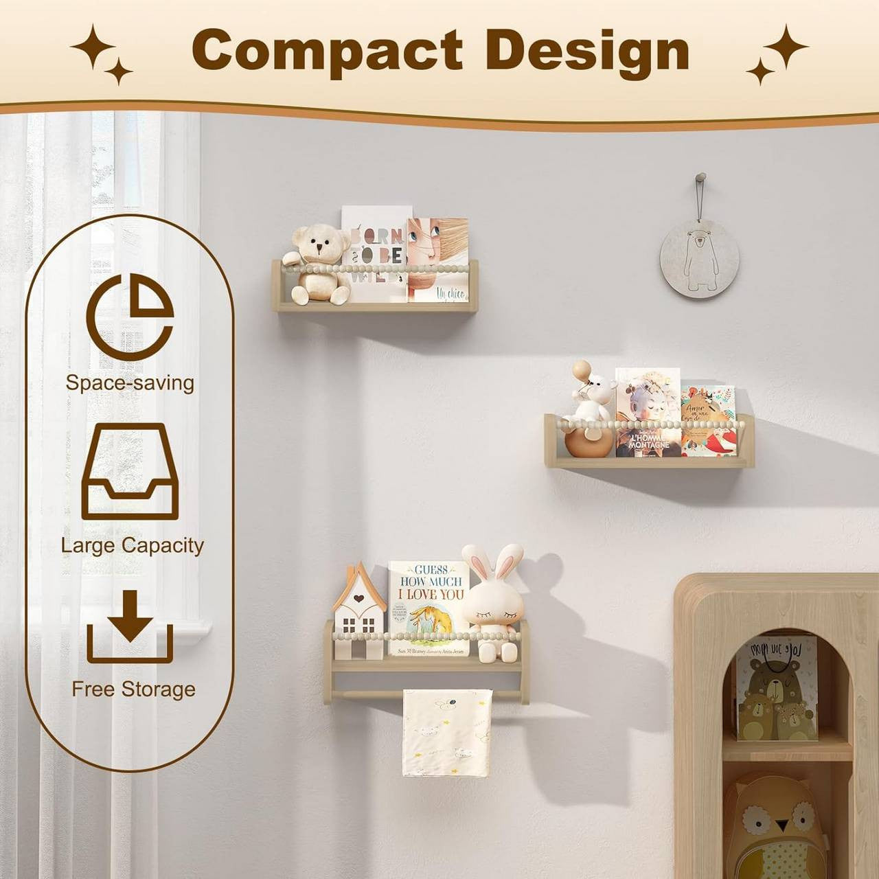 WOLTU 3-Piece Solid Pine Wood Floating Wall Shelves for Kids' Books & Toys